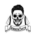 Vector Barbershop emblem, barbershop logo or badge for barber shop signboard, posters Skull with blades and hipster