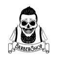 Vector Barbershop emblem, barbershop logo or badge for barber shop signboard, posters Skull with blades and hipster
