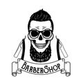 Vector Barbershop emblem, barbershop logo or badge for barber shop signboard, posters Skull with blades and hipster