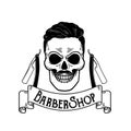 Vector Barbershop emblem, barbershop logo or badge for barber shop signboard, posters Skull with blades and hipster