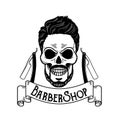 Vector Barbershop emblem, barbershop logo or badge for barber shop signboard, posters Skull with blades and hipster