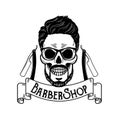 Vector Barbershop emblem, barbershop logo or badge for barber shop signboard, posters Skull with blades and hipster