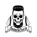 Vector Barbershop emblem, barbershop logo or badge for barber shop signboard, posters Skull with blades and hipster