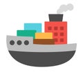 Vector barge with tubes, steam, freight. Water transport icon. Funny nautical transportation steam ship clipart for kids. Cute