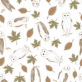 Vector Barn Owls with Brown and Green Leaves on White Background Seamless Repeat Pattern. Background for textiles, cards