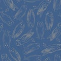 Vector Barn Owls in Brown Line Art on Blue Background Seamless Repeat Pattern. Background for textiles, cards