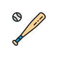 Vector baseball bat and ball flat color line icon.