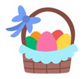 Vector basket with colored eggs and blue bow icon. Easter traditional symbol and design element isolated on white background. Cute Royalty Free Stock Photo