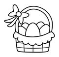 Vector basket with eggs and bow line icon. Easter traditional symbol and design element isolated on white background. Cute spring Royalty Free Stock Photo