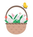 Vector basket with eggs, flowers and butterfly icon. Easter traditional symbol and design element isolated on white background.