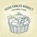 Vector basket with fresh vegetables. Realistic sketch of garden food, outline, retro design.