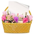 Vector Basket With Tulips And Cosmetics