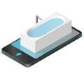 Vector bath tub in mobile phone. Isometric modern bathtub filled with water. Royalty Free Stock Photo