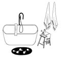 Vector bathroom design elements: bath, stool with bouquet of flowers, towels and mat Royalty Free Stock Photo