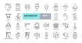 Vector bathroom icons. Editable Stroke. Shower, bath, toilet, bidet, mirror, water tap. Laundry and garbage basket. Cosmetics