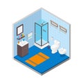 Vector bathroom isometric design interior template. Room with tiles rug bathtub toilet bowl bidet trashcan windows
