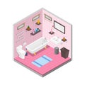 Vector bathroom isometric design interior template. Room with tiles rug bathtub toilet bowl trashcan windows skincare