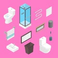 Vector bathroom isometric furniture interior elements set. Lavatory elements and equipment set isolated on plain