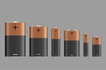 Vector battery, different size, isolated on gray background. Battery sizes or styles, various electronic industrial devices,