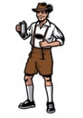 Bavarian man and wearing lederhosen and hold beer mug