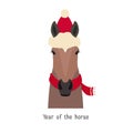 Vector bay brown horse head. christmas red hat and scarf Royalty Free Stock Photo