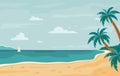 Vector beach background. Tropical seashore with palm trees and yacht. Horizontal background. Summer beach. Paradise nature