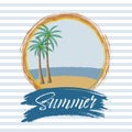 Vector beach with coconut tree, blue sky illustration banner, wallpaper, poster Royalty Free Stock Photo