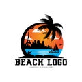 vector beach logo template with sunset, coconut trees, fishing boats, sailboats, and flying birds, ocean waves, retro circle