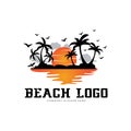 vector beach logo template with sunset, coconut trees, fishing boats, sailboats, and flying birds, ocean waves, retro circle