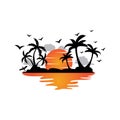 vector beach logo template with sunset, coconut trees, fishing boats, sailboats, and flying birds, ocean waves, retro circle