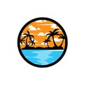 vector beach logo template with sunset, coconut trees, fishing boats, sailboats, and flying birds, ocean waves, retro circle