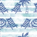 Vector beach seamless pattern. Summer background. Beach chair, palm tree, sun umbrella, sun and striped blue watercolor background Royalty Free Stock Photo