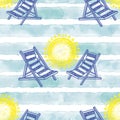 Vector beach seamless pattern. Summer background. Beach chair, sun and striped blue watercolor background Royalty Free Stock Photo