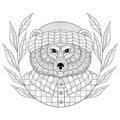 Vector Bear In Hat With Wreath, Zentangle, Doodle Style. Hand Dr