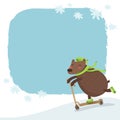 Vector bear riding a scooter, winter background