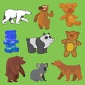 Vector bear set wild animal different style flat, handdraw, cartoon wild angry brown, grizzly, cute panda and polar bear