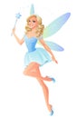 Vector beautiful blue fairy with magic wand and dragonfly wings. Royalty Free Stock Photo