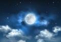 Vector beautiful blue night sky with glowing full moon, stars and clouds Royalty Free Stock Photo