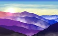 Vector beautiful colorful silhouettes of misty mountains with sun and clouds in the sky Royalty Free Stock Photo