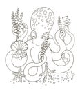 Vector beautiful coloring book for adults and children with a cute octopus that holds a shell with pearls and seaweed. Holiday and Royalty Free Stock Photo