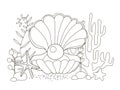 Vector beautiful coloring book for adults and children with a large shell and pearls among algae, starfish and corals. A series of Royalty Free Stock Photo