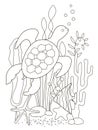 Vector beautiful coloring book for adults and children with a turtle and fish among algae, starfish and corals. A series of Royalty Free Stock Photo