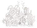 Vector beautiful coloring book for adults and children with a turtle, seahorse and fish among algae, starfish and corals. A series Royalty Free Stock Photo