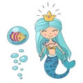 Vector Beautiful cute little siren mermaid princess with crown and tropic fish. Hand drawn illustration. Royalty Free Stock Photo
