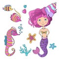 Vector Beautiful cute little siren mermaid with sea horse hippocampus, tropic fish and sea stars. Hand drawn