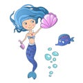 Vector Beautiful cute little siren mermaid with sea shell and tropic fish. Hand drawn illustration. Royalty Free Stock Photo