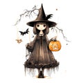 vector beautiful girl with pumpkins. creepy witch with jack o lanterns. a girl with hat vector illustration on white Royalty Free Stock Photo