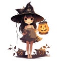 vector beautiful girl with pumpkins. creepy witch with jack o lanterns. a girl with hat vector illustration on white Royalty Free Stock Photo