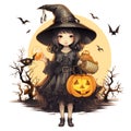 vector beautiful girl with pumpkins. creepy witch with jack o lanterns. a girl with hat vector illustration on white Royalty Free Stock Photo