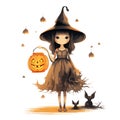 vector beautiful girl with pumpkins. creepy witch with jack o lanterns. a girl with hat vector illustration on white Royalty Free Stock Photo